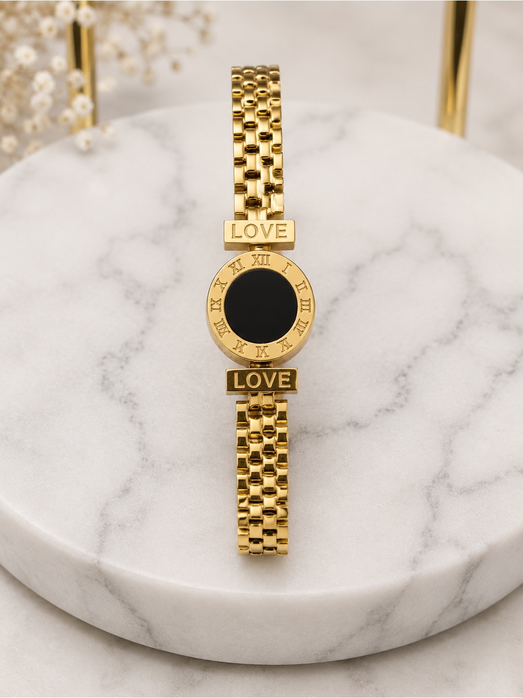 GoldPlated Stainless Steel Love Bracelet Watch With Black Dial